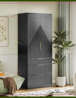 Modern Wooden Armoire with 3 Doors, Drawers, Mirror & LED Lights for Bedroom Storage