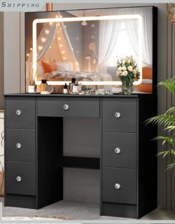 Large Dressing Table Makeup Desk Vanity Set with LED Lights Mirror And 7 Drawers