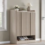 Fluted Shoe Storage Cabinet for Entryway ?C 45 Tall, 6-Tier Shoe Organizer with 4 Adjustable Shelves, Mid-Century Freestanding Wo