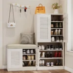 Shoe Cabinet with Storage Bench Set for Entryway,7-Tier Shoe Storage Cabinet and 3-Tier Cushioned Shoe Bench with Louvered Door