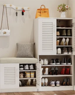 Shoe Cabinet with Storage Bench Set for Entryway,7-Tier Shoe Storage Cabinet and 3-Tier Cushioned Shoe Bench with Louvered Door