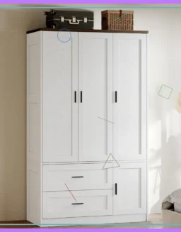 Modern Wooden Armoire with 3 Doors, Drawers, Mirror & LED Lights for Bedroom Storage