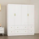 4-Door Armoire Wardrobe Closet with Hanging Rod, White Clothing Storage Cabinet with Drawer Organization, 70.9