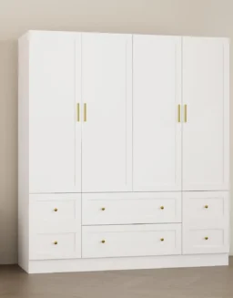 4-Door Armoire Wardrobe Closet with Hanging Rod, White Clothing Storage Cabinet with Drawer Organization, 70.9