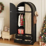 Armoire Wardrobe Closet with 4 Drawers - Wood Bedroom Armoires and Wardrobes with Rattan Doors for Hanging Clothes, Customized