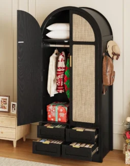 Armoire Wardrobe Closet with 4 Drawers - Wood Bedroom Armoires and Wardrobes with Rattan Doors for Hanging Clothes, Customized