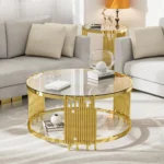 Luxury Gold Round Glass Coffee Table, 35.4